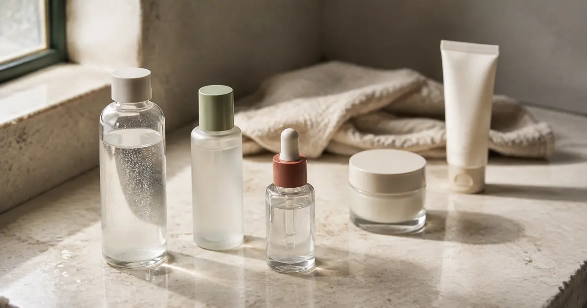 Korean skincare products arranged from watery layers to moisturizer and sunscreen