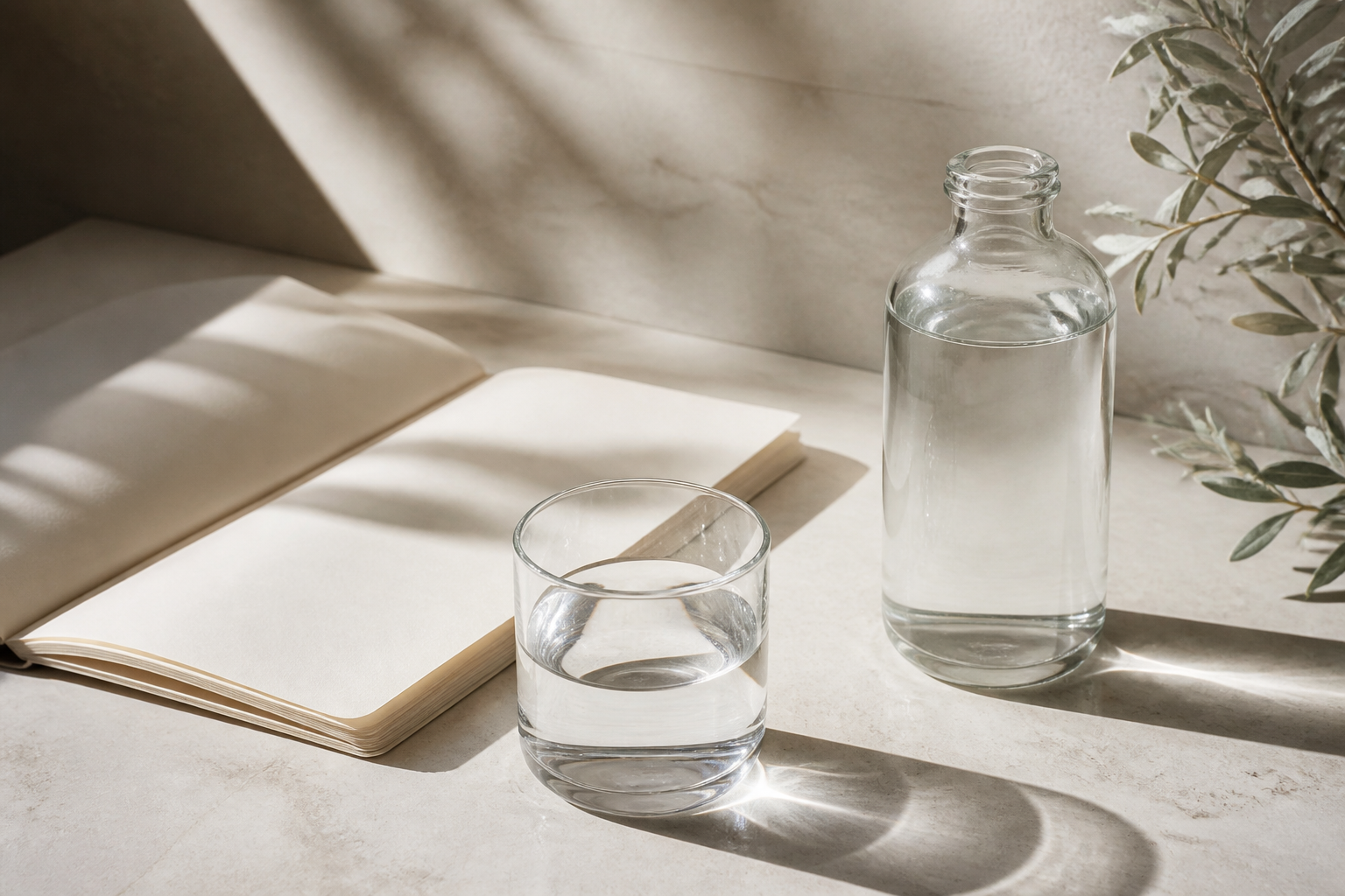 Editorial still life of a notebook, water glass, and an unbranded bottle on ivory paper. Atmospheric only — not a real product shot.