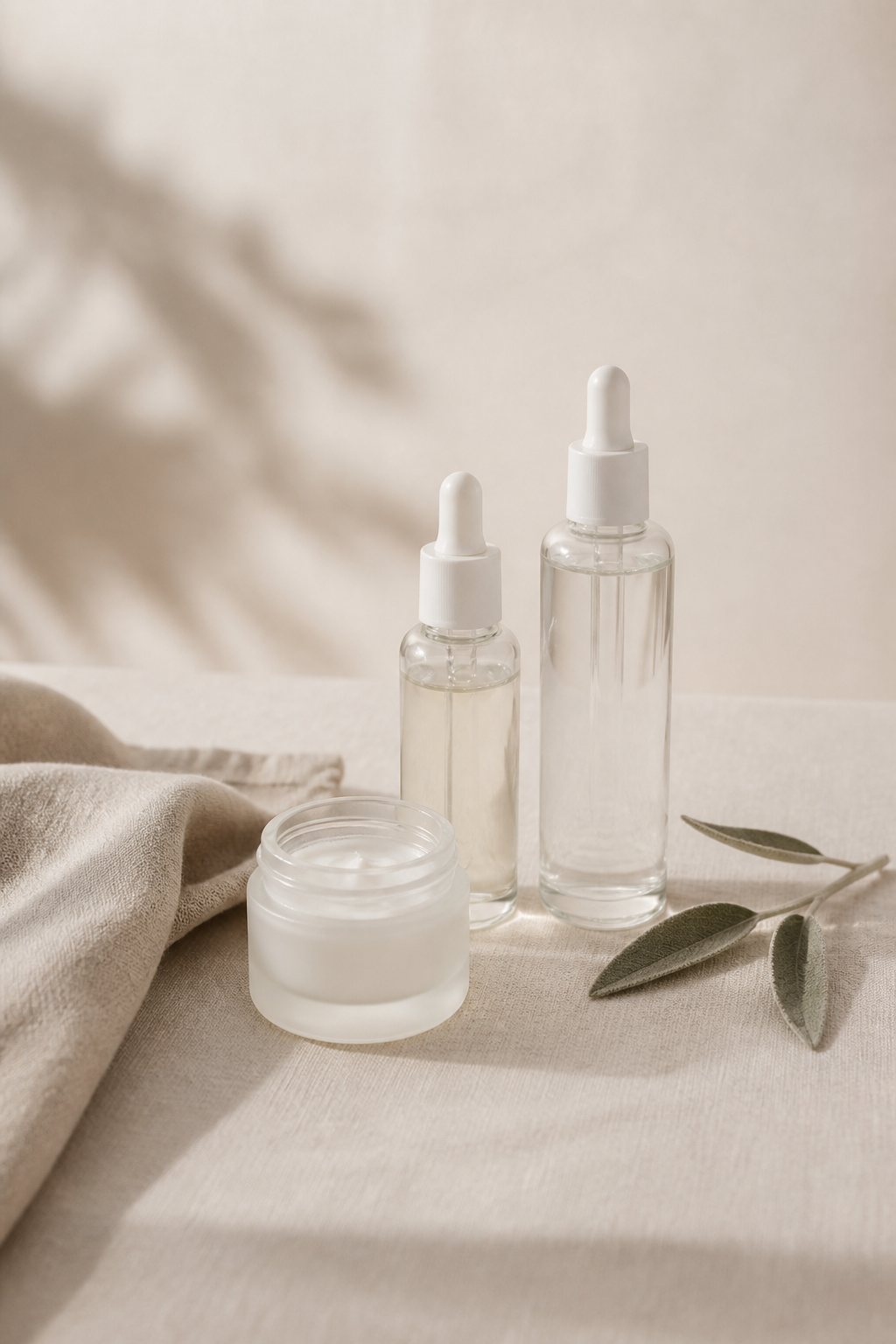 Editorial still life of unbranded glass skincare bottles on warm ivory linen, used as atmosphere — not a product photograph.