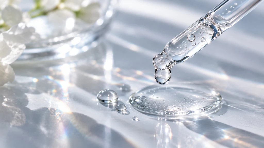 Clear skincare serum dripping from a glass dropper