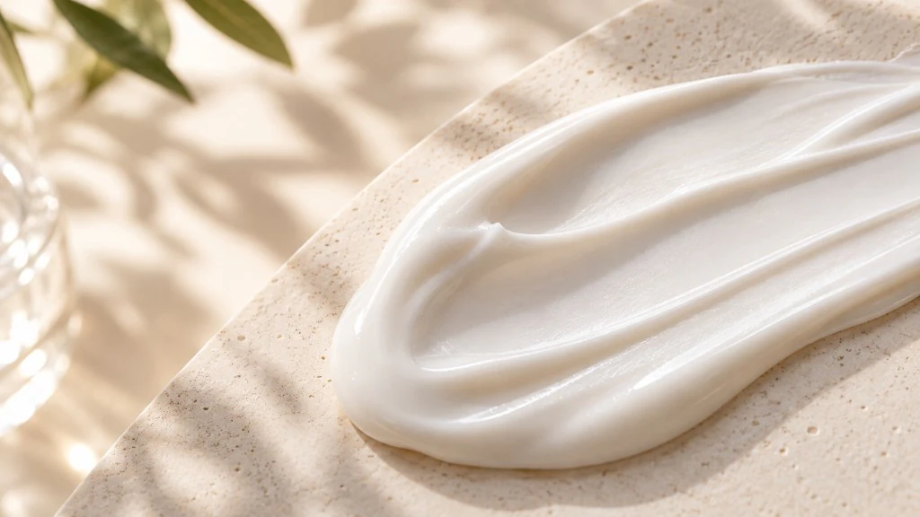 White skincare cream texture on a warm stone surface