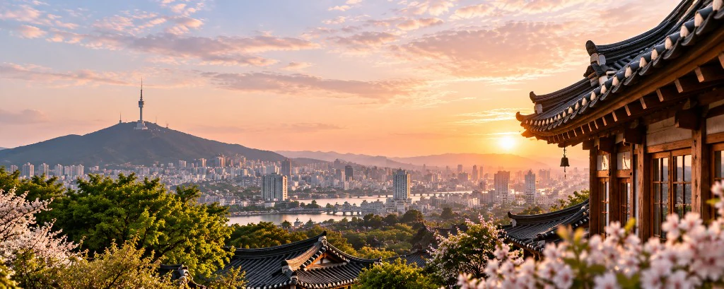 Seoul skyline at sunset with N Seoul Tower and traditional hanok rooftops