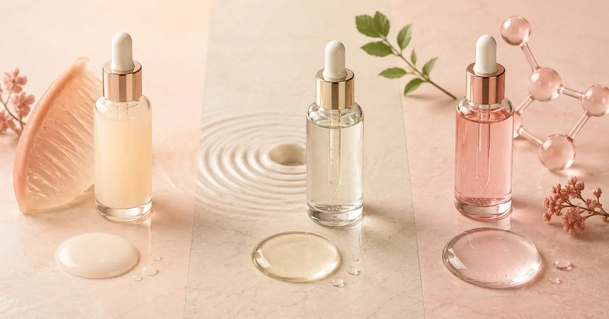 Three skincare serum textures representing AHA, BHA, and PHA exfoliant families